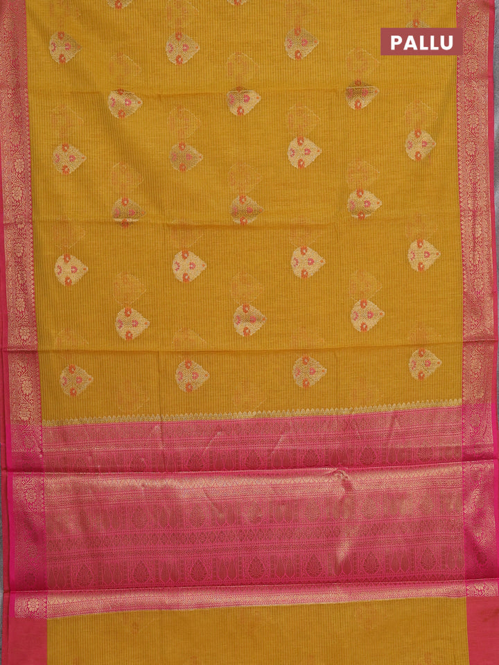 Banarasi semi dupion saree mustard yellow and pink with allover woven buttas and woven border