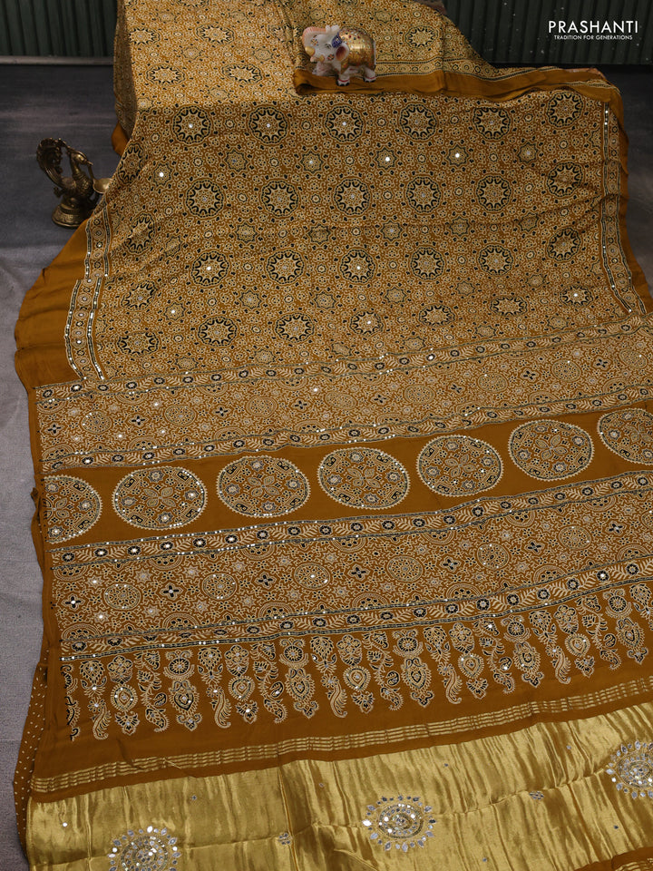 Modal silk saree mustard yellow with allover ajrakh prints and mirror & sequin embroidery pallu