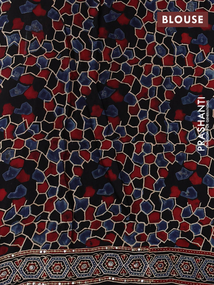 Modal silk saree black with allover ajrakh prints and mirror & sequin embroidery pallu