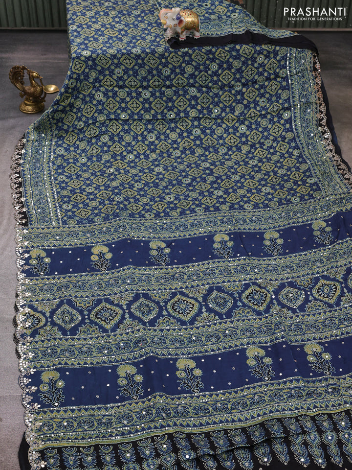 Modal silk saree indigo blue and black with allover ajrakh prints and mirror & sequin embroidery pallu