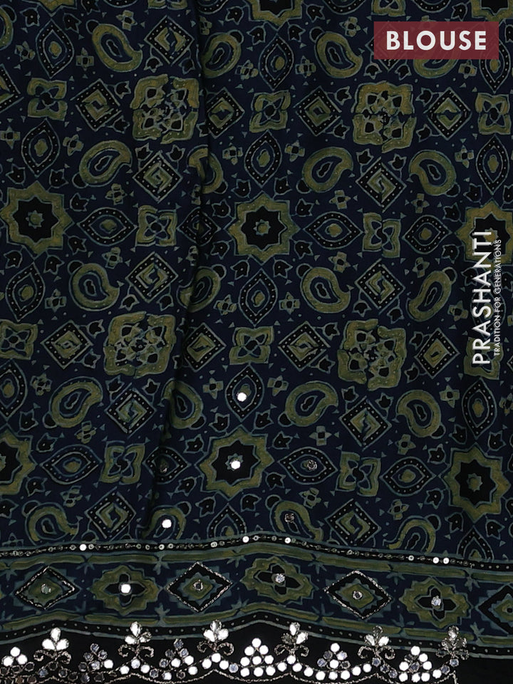 Modal silk saree indigo blue and black with allover ajrakh prints and mirror & sequin embroidery pallu