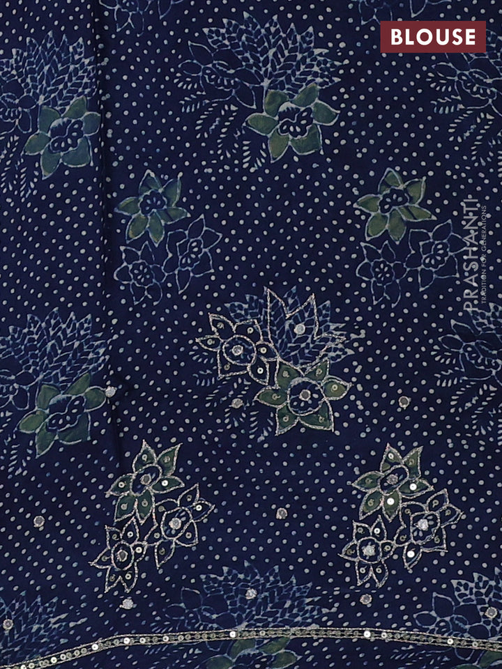 Modal silk saree blue with allover ajrakh prints and mirror & sequin embroidery pallu