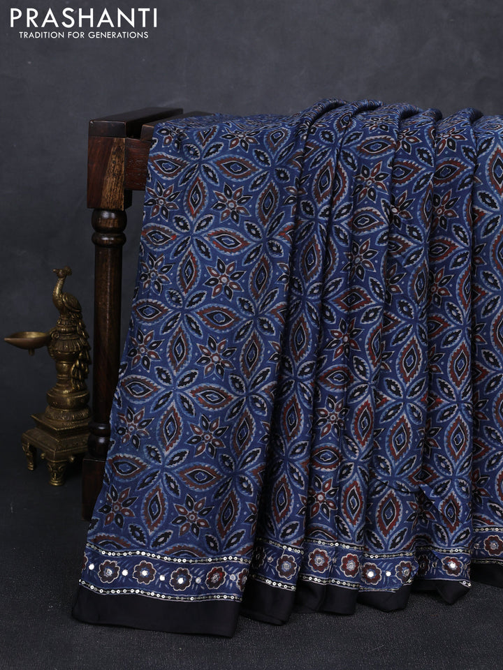 Modal silk saree blue with allover ajrakh prints and mirror & sequin embroidery pallu