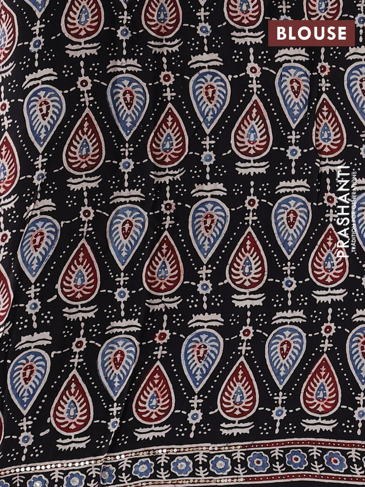 Modal silk saree black with allover geometric prints and mirror & sequin embroidery pallu