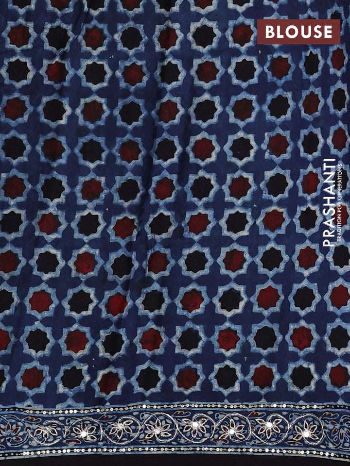 Modal silk saree indigo blue and black with allover ajrakh prints and mirror & sequin embroidery pallu