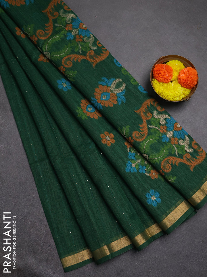 Jute silk saree bottle green with allover sequin work and jamdhani pallu