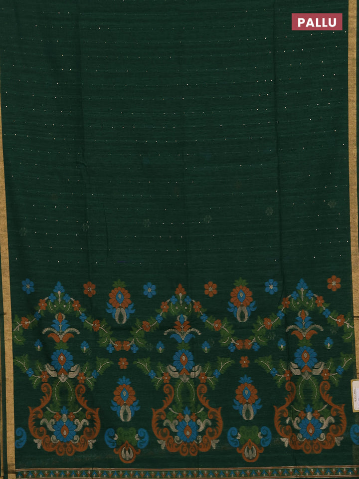 Jute silk saree bottle green with allover sequin work and jamdhani pallu