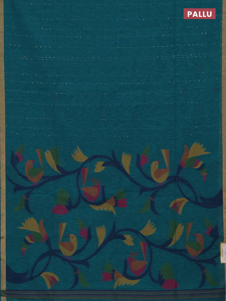 Jute silk saree peacock blue with allover sequin work and jamdhani pallu