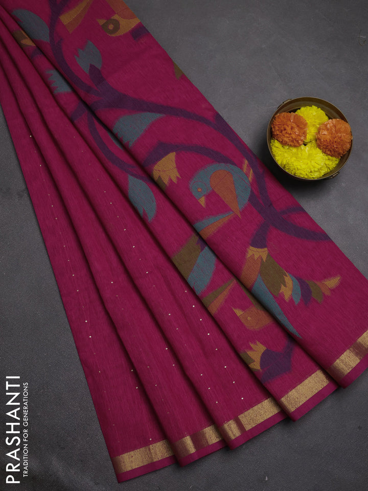 Jute silk saree pink with allover sequin work and jamdhani pallu