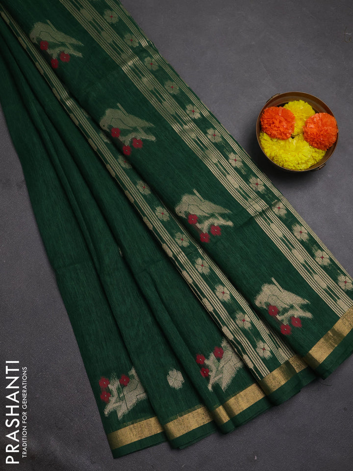 Jute silk saree bottle green with allover thread & zari woven buttas and zari woven border