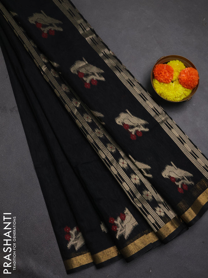Jute silk saree black with allover thread & zari woven buttas and zari woven border