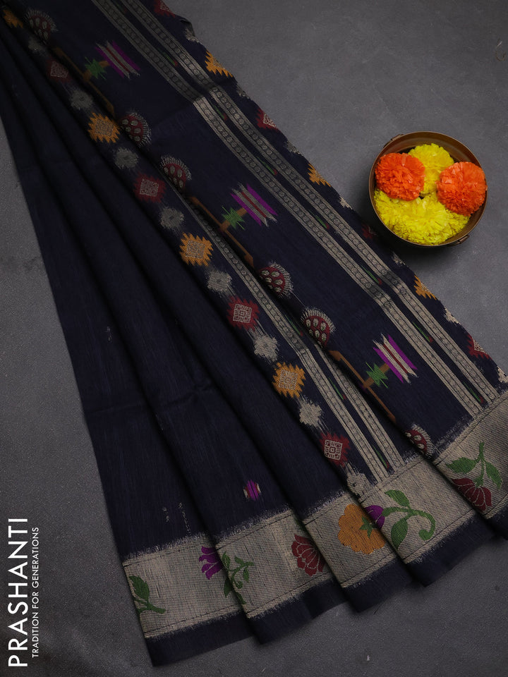 Jute silk saree navy blue with thread & zari woven buttas and jamdhani pallu