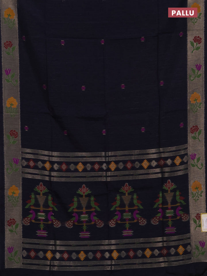 Jute silk saree navy blue with thread & zari woven buttas and jamdhani pallu