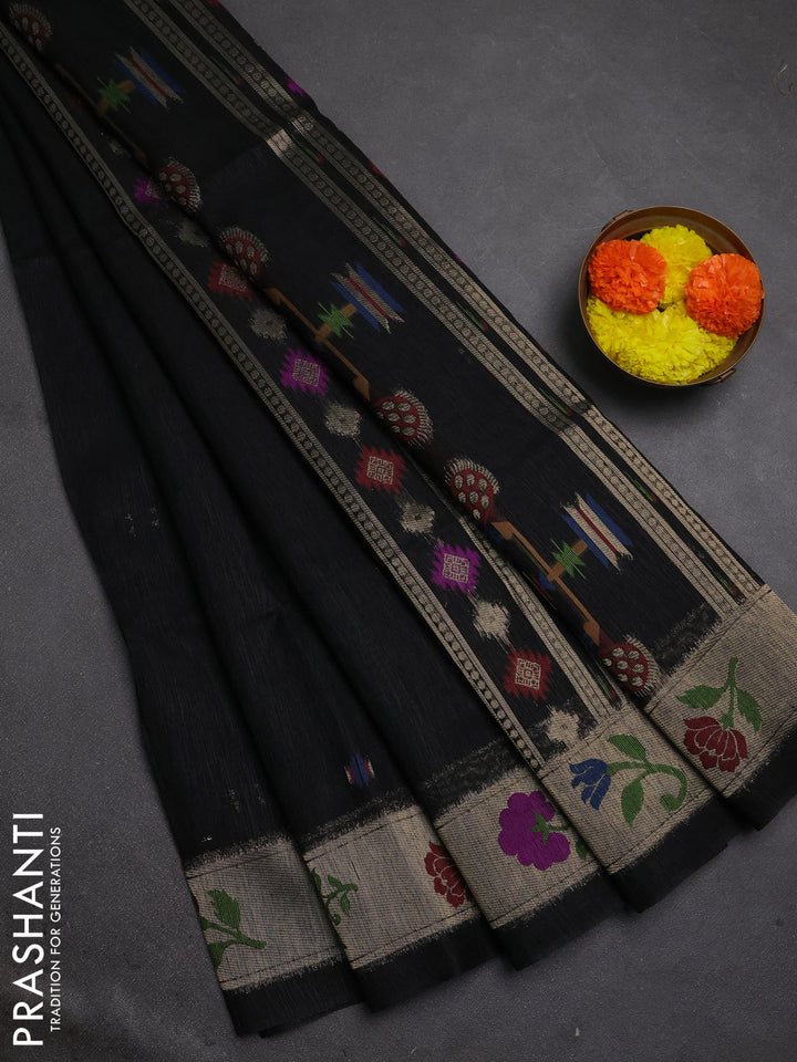 Jute silk saree black with thread & zari woven buttas and jamdhani pallu