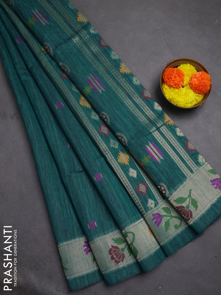 Jute silk saree peacock green with thread & zari woven buttas and jamdhani pallu