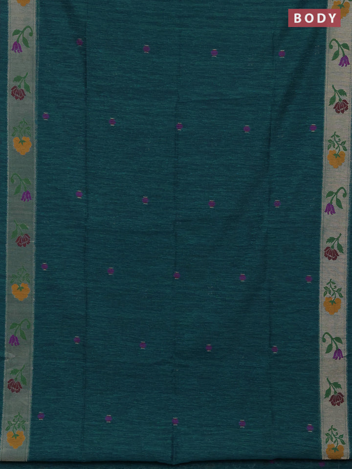 Jute silk saree peacock green with thread & zari woven buttas and jamdhani pallu