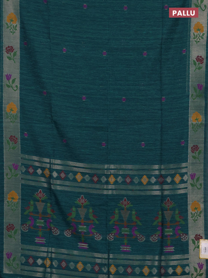 Jute silk saree peacock green with thread & zari woven buttas and jamdhani pallu