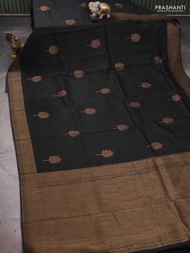 Banarasi semi tussar saree black with thread & zari woven buttas and woven border