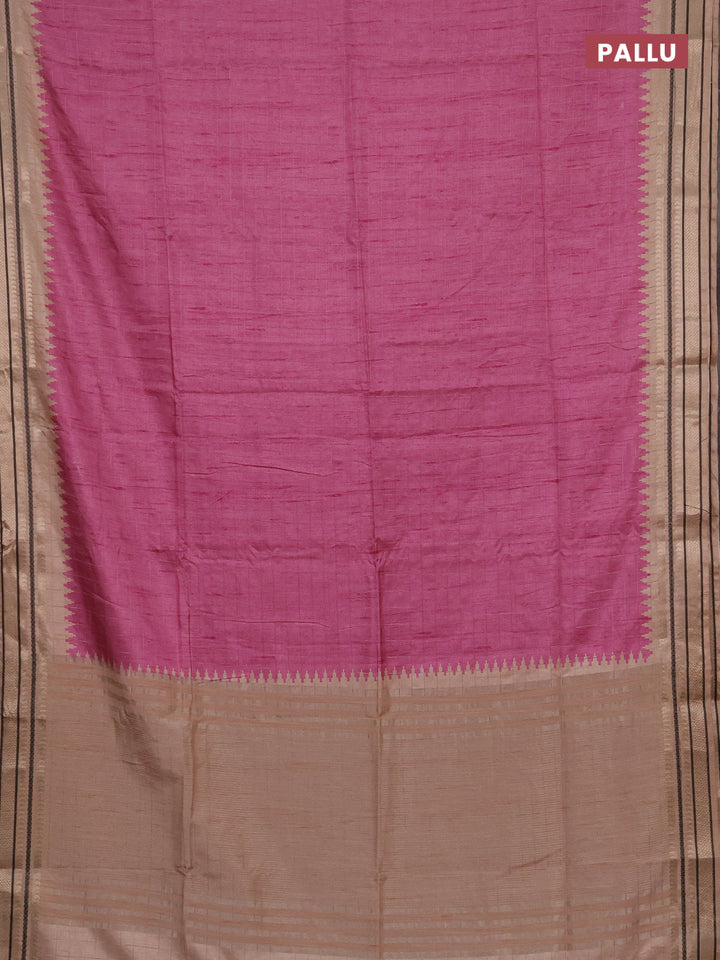 Semi tussar saree pink and beige with allover zari checked pattern and temple design zari woven border