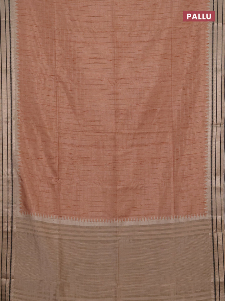 Semi tussar saree sandal and beige with allover zari checked pattern and temple design zari woven border