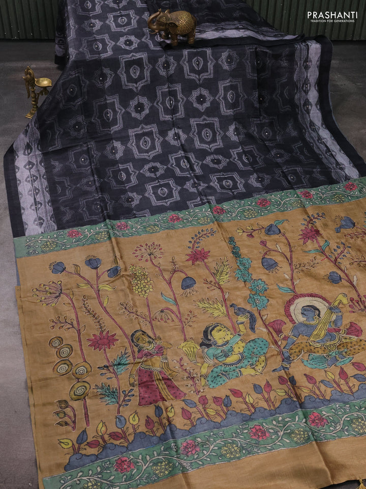 Matka tussar saree black and sandal with allover shibori prints & mirror work and kalamkari prints & embroidery pallu