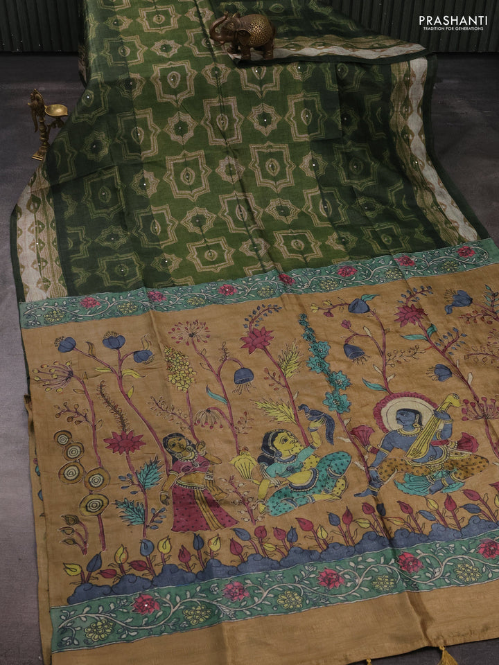 Matka tussar saree sap green and sandal with allover shibori prints & mirror work and kalamkari prints & embroidery pallu