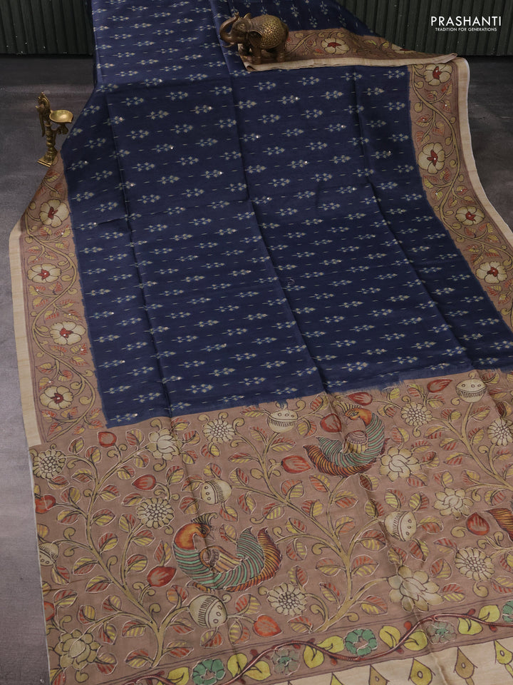 Matka tussar saree navy blue and pastel brown with allover ikat butta prints & mirror work and kalamkari prints & embroidery pallu