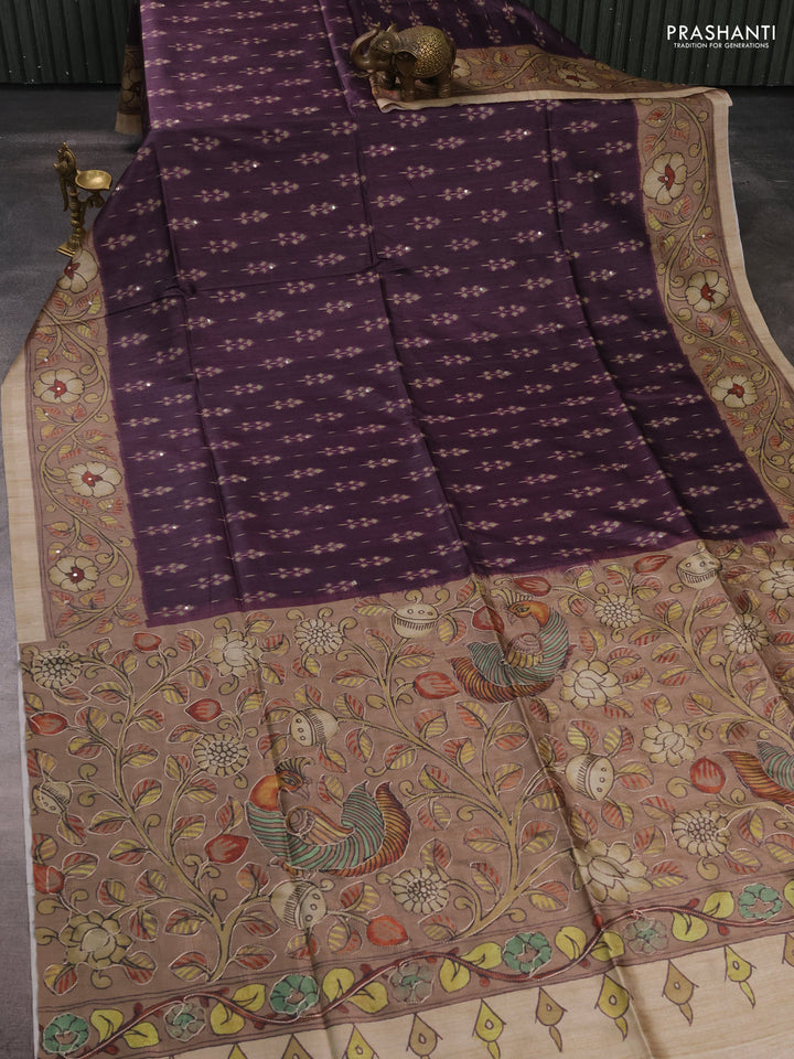 Matka tussar saree wine shade and pastel brown with allover ikat butta prints & mirror work and kalamkari prints & embroidery pallu