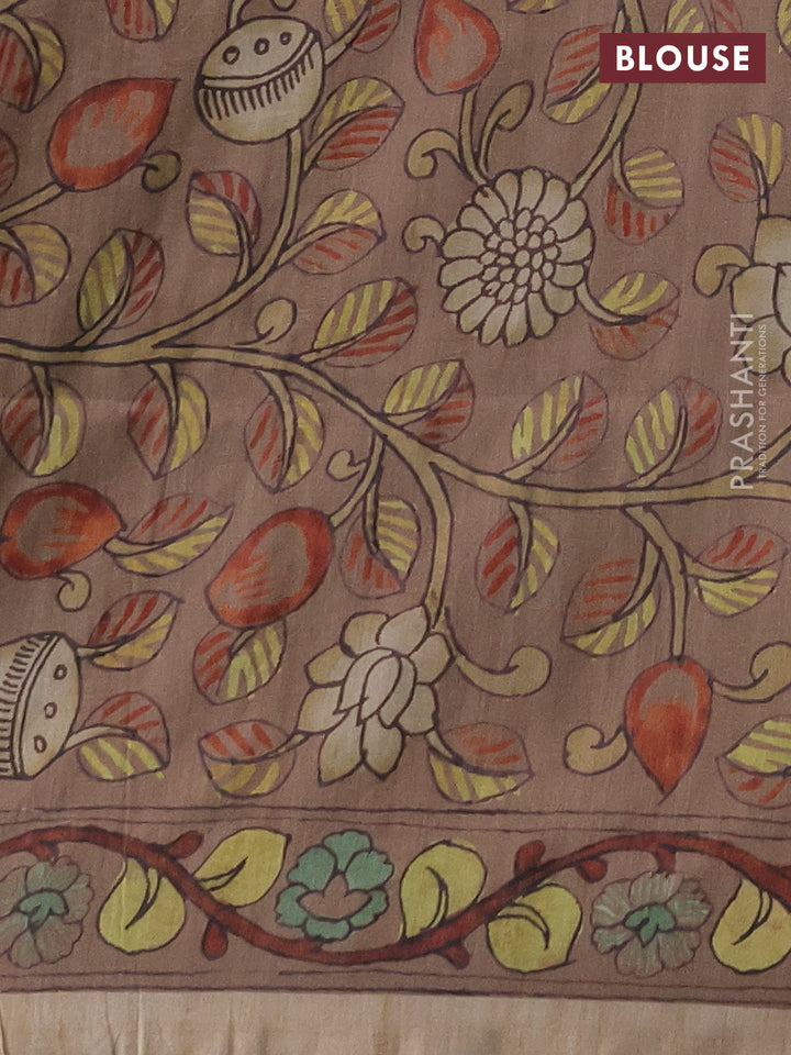 Matka tussar saree wine shade and pastel brown with allover ikat butta prints & mirror work and kalamkari prints & embroidery pallu