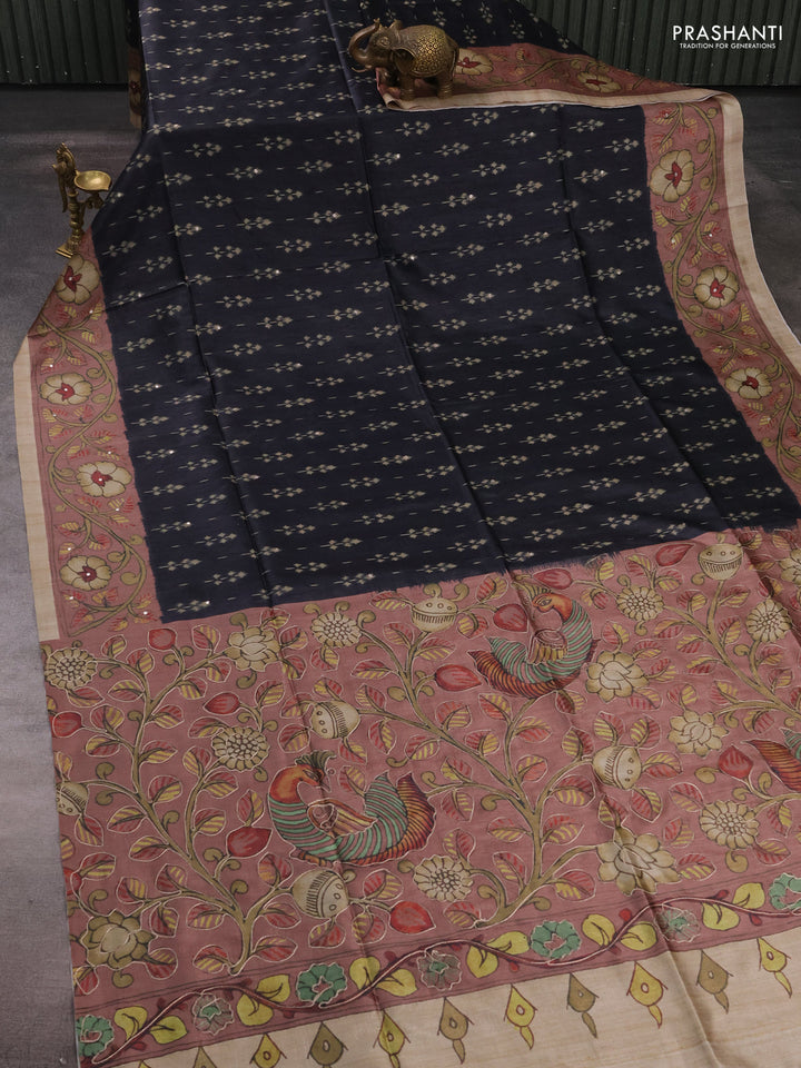 Matka tussar saree black and dark peach with allover ikat butta prints & mirror work and kalamkari prints & embroidery pallu
