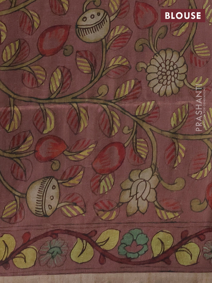 Matka tussar saree black and dark peach with allover ikat butta prints & mirror work and kalamkari prints & embroidery pallu