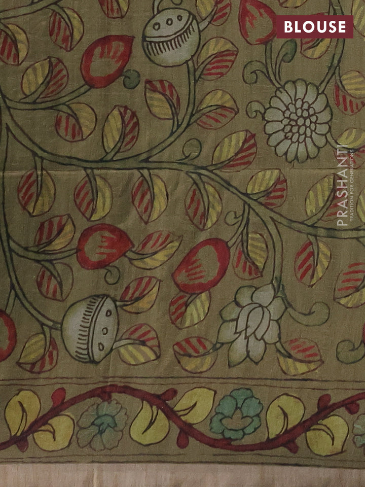 Matka tussar saree bottle green and elaichi green with allover ikat butta prints & mirror work and kalamkari prints & embroidery pallu