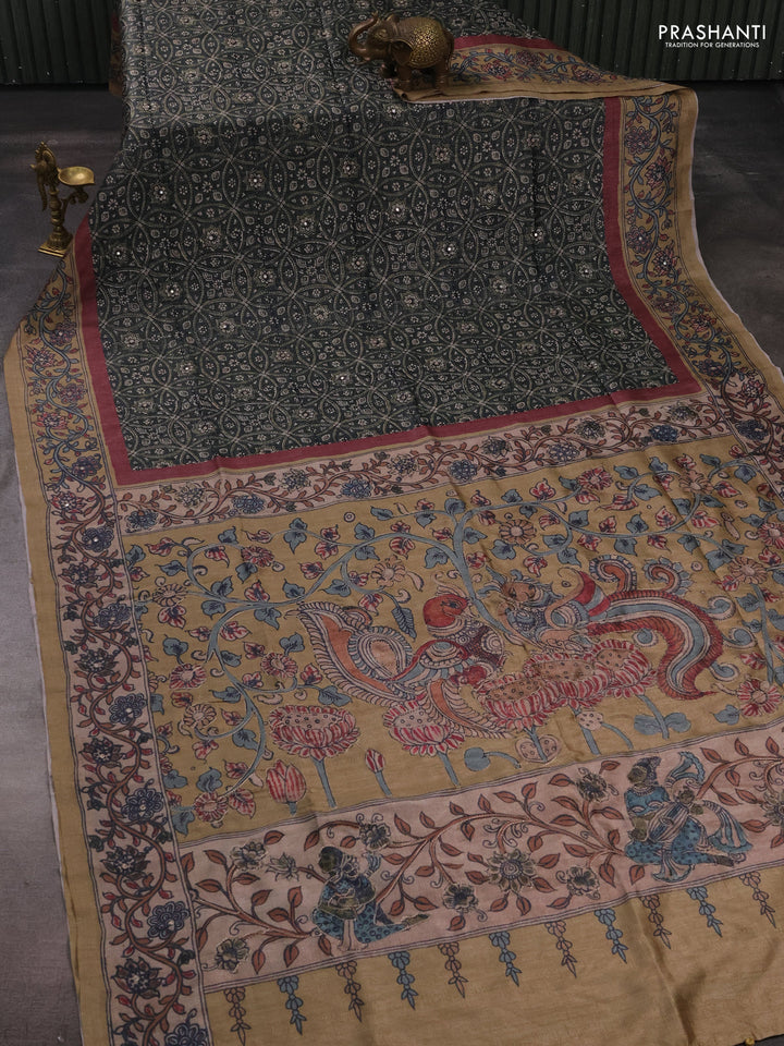 Matka tussar saree green shade and dark beige with allover ajrakh prints & mirror work and kalamkari prints & embroidery pallu