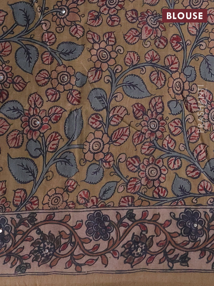 Matka tussar saree greyish brown and dark beige with allover ajrakh prints & mirror work and kalamkari prints & embroidery pallu