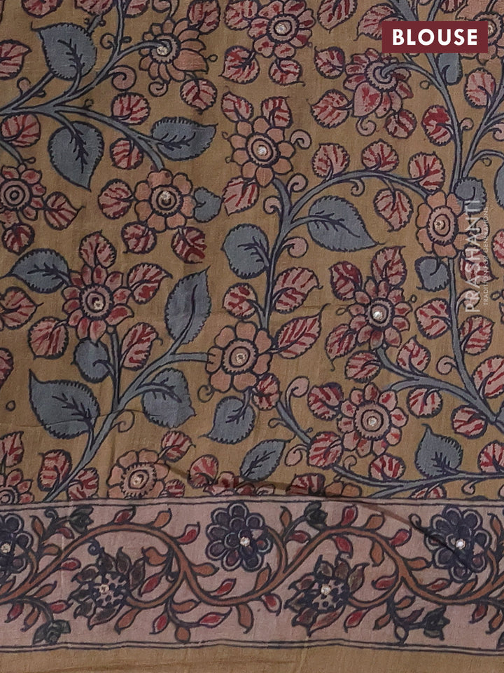 Matka tussar saree maroon and dark beige with allover ajrakh prints & mirror work and kalamkari prints & embroidery pallu
