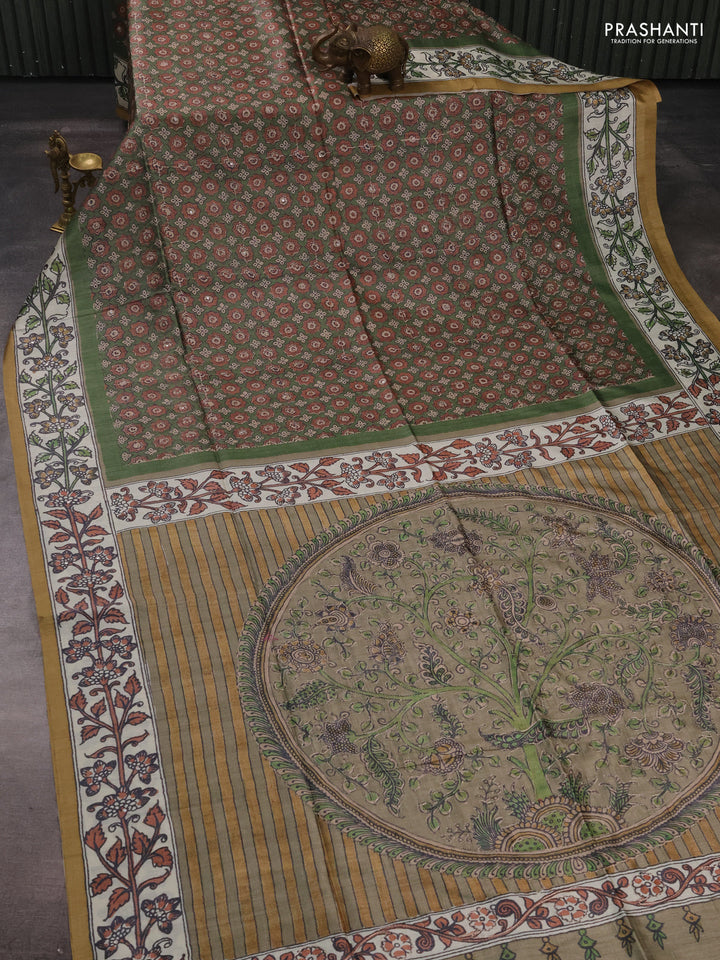 Matka tussar saree green and elaichi green with allover ajrakh prints & mirror work and kalamkari prints & embroidery pallu