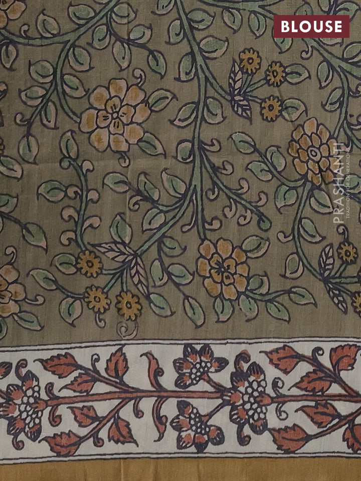 Matka tussar saree green and elaichi green with allover ajrakh prints & mirror work and kalamkari prints & embroidery pallu