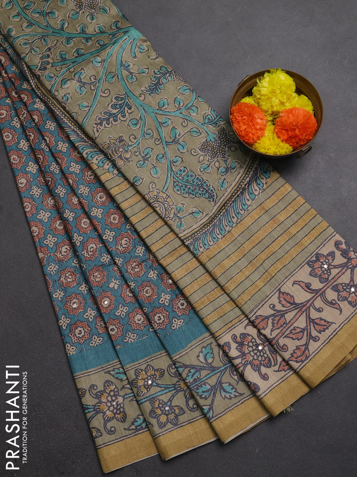 Matka tussar saree peacock green and elaichi green with allover ajrakh prints & mirror work and kalamkari prints & embroidery pallu