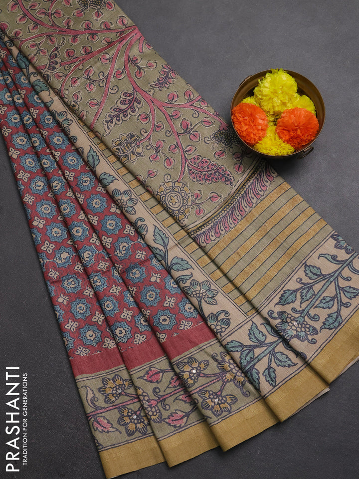 Matka tussar saree maroon and elaichi green with allover ajrakh prints & mirror work and kalamkari prints & embroidery pallu
