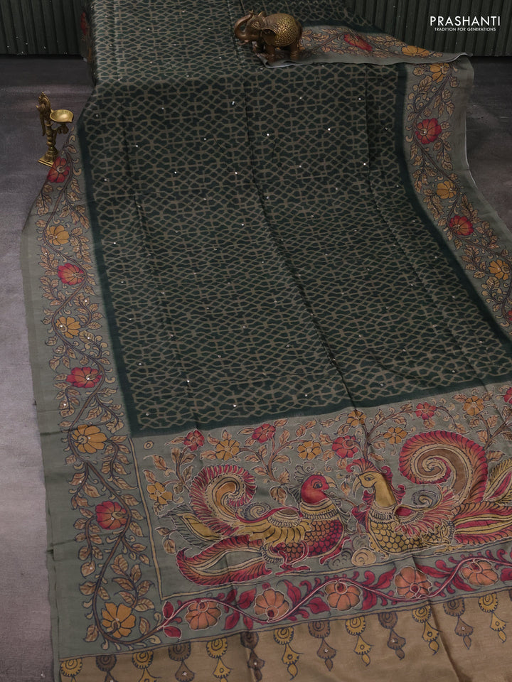 Matka tussar saree military green and grey with allover ikat prints & embroidery work and kalamkari prints & embroidery pallu
