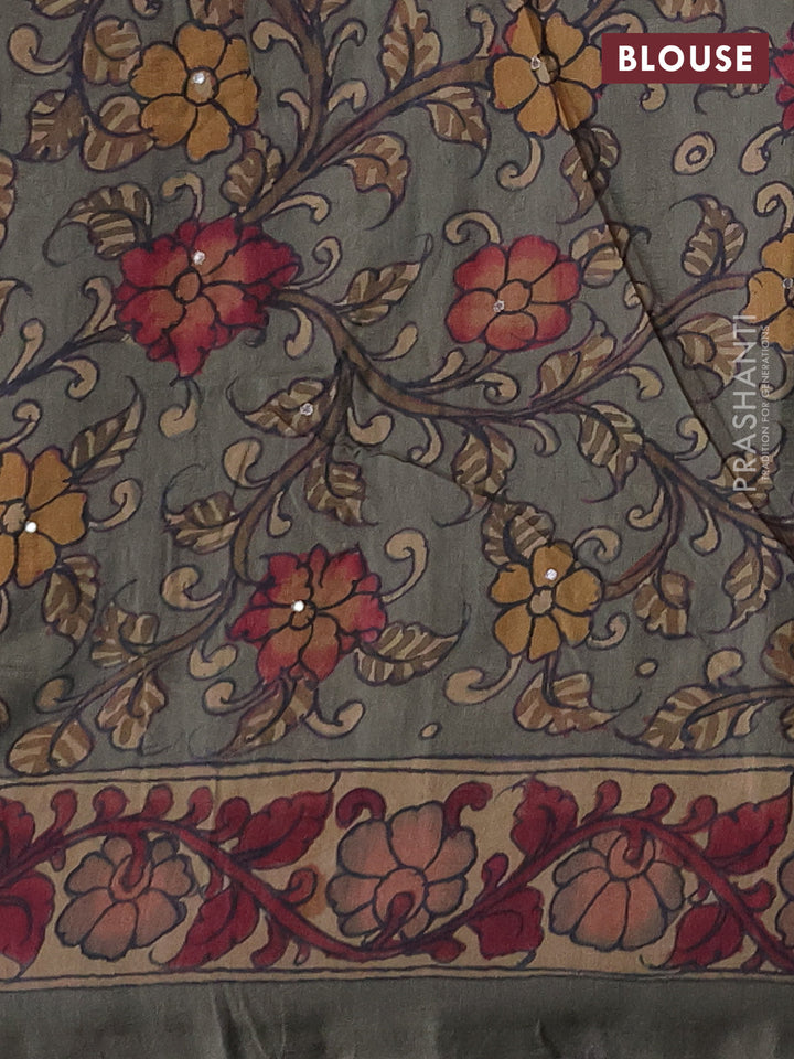 Matka tussar saree military green and grey with allover ikat prints & embroidery work and kalamkari prints & embroidery pallu