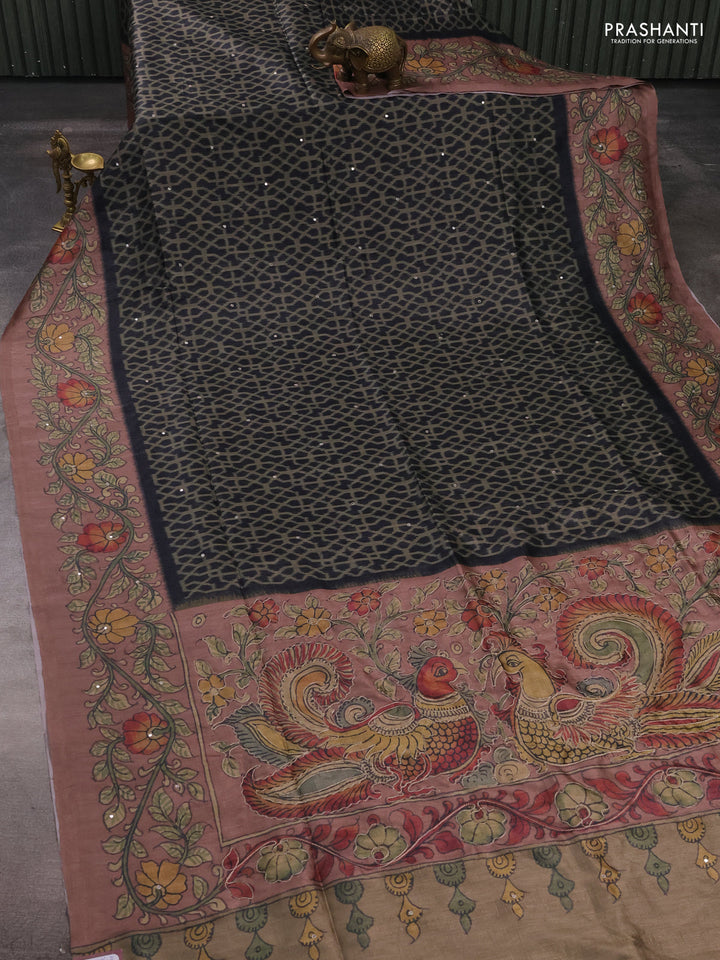 Matka tussar saree military green and dark peach with allover ikat prints & embroidery work and kalamkari prints & embroidery pallu