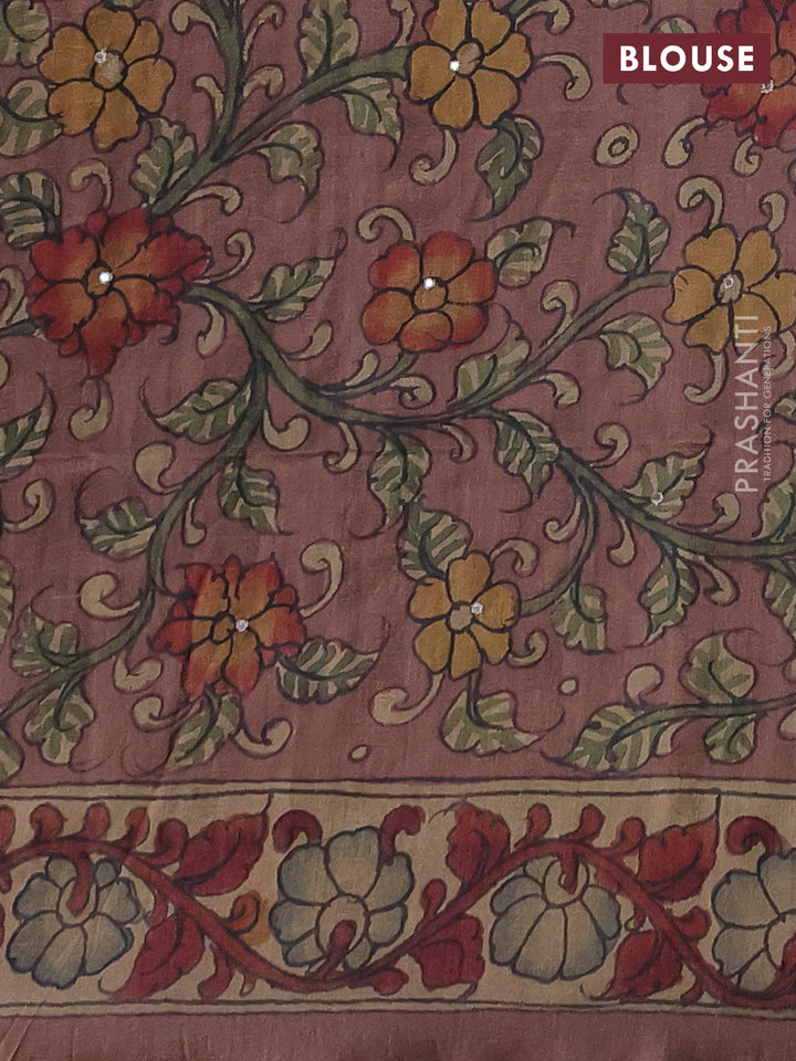 Matka tussar saree military green and dark peach with allover ikat prints & embroidery work and kalamkari prints & embroidery pallu