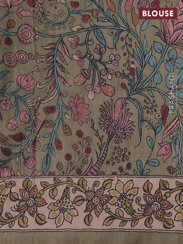 Matka tussar saree blue and elaichi green with allover ajrakh prints & embroidery work and kalamkari prints & embroidery pallu