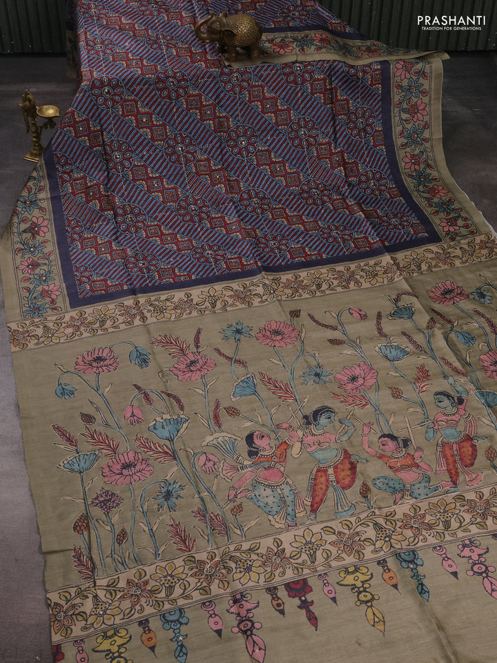 Matka tussar saree maroon and elaichi green with allover ajrakh prints & embroidery work and kalamkari prints & embroidery pallu