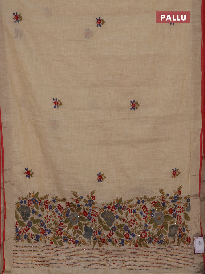 Linen cotton saree cream and pastel blue with embroidery buttas and embroidery kantha stitch work pallu