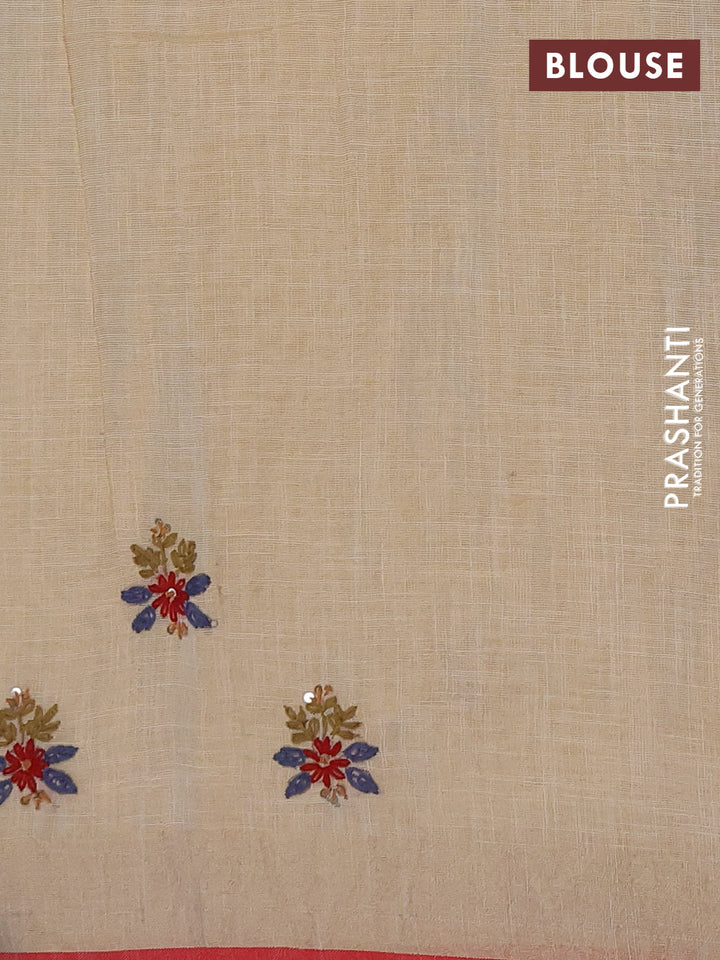 Linen cotton saree cream and pastel blue with embroidery buttas and embroidery kantha stitch work pallu