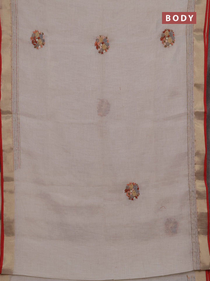 Linen cotton saree off white and rust shade with embroidery buttas and embroidery kantha stitch work pallu