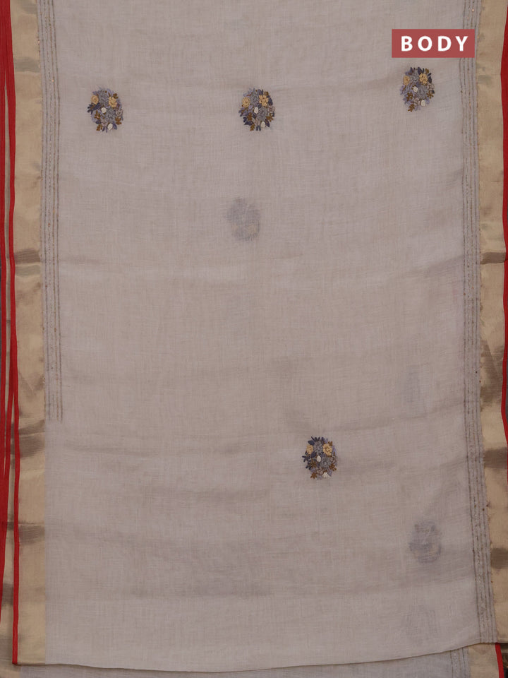 Linen cotton saree off white and grey with embroidery buttas and embroidery kantha stitch work pallu