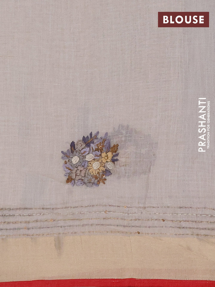 Linen cotton saree off white and grey with embroidery buttas and embroidery kantha stitch work pallu